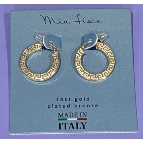 Mia Fiore Earrings 14kt Gold Plated Bronze Hoop Made In Italy Greek Key - Picture 1 of 9
